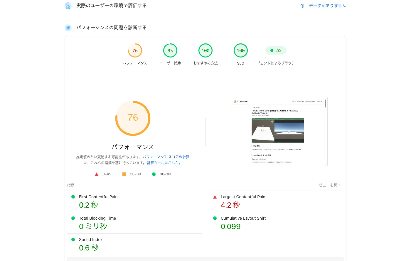 新サイト最適化前のPageSpeed Insights計測結果。パフォーマンススコア76点、LCPが4.2秒で赤評価
